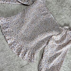 Paper Crane White Smocked Top with Blue & Brown Floral Speckle